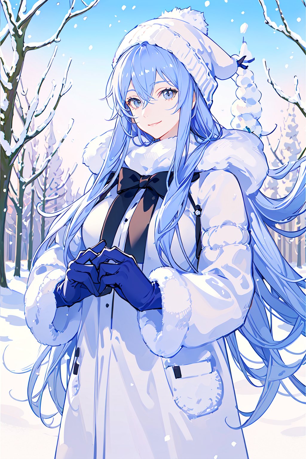 smile,beautiful woman,heavy winter coat,a woolly hat,gloves,holding a snow-white husky,whose fur gleams pristine in the winter sunlight,The woman's demeanor exudes gentleness and affection,a serene winter street,trees lining the sides covered in white snow,warmth and happiness,photo r3alm,Extremely Realistic