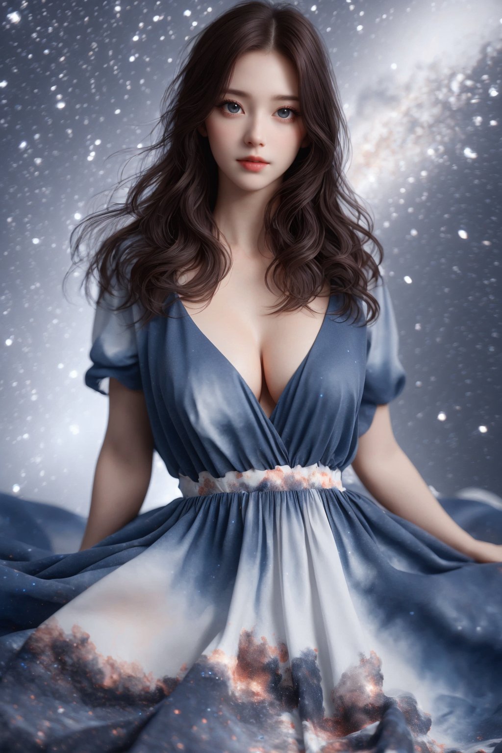 busty and sexy girl, 8k, masterpiece, ultra-realistic, best quality, high resolution, high definition, wearing a flowing dress with a starry sky pattern,starry dress