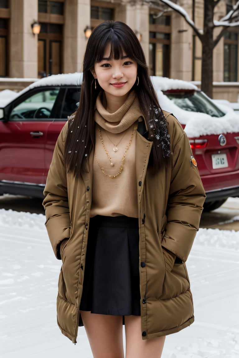 Beautiful and delicate light, (beautiful and delicate eyes), pale skin, big smile, (brown eyes), (black long hair), dreamy, medium chest, woman 1, (front shot), Korean girl, bangs, soft expression, height 170, elegance, bright smile, 8k art photo, realistic concept art, realistic, portrait, necklace, small earrings, handbag, fantasy, jewelry, shyness, skirt, winter down parka, scarf, snowy street, footprints,