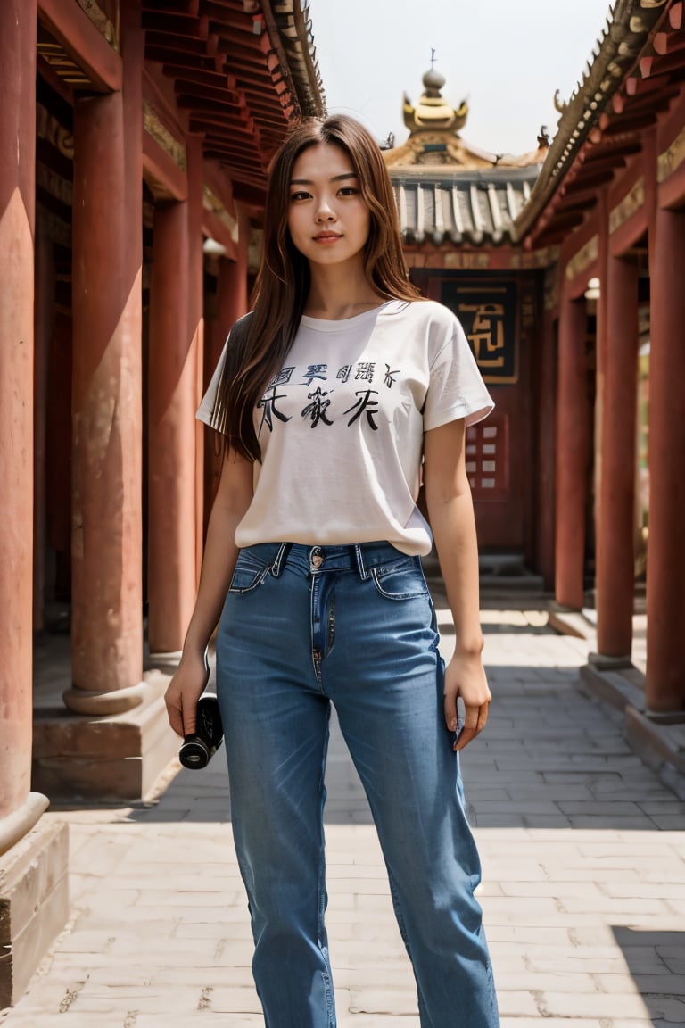 A beautiful girl with long  brown hair and brown eyes, wearing casual jeans and a white T-shirt, holding a camera, wandered around the Chinese palace, capturing the beauty and sacredness of ancient buildings.