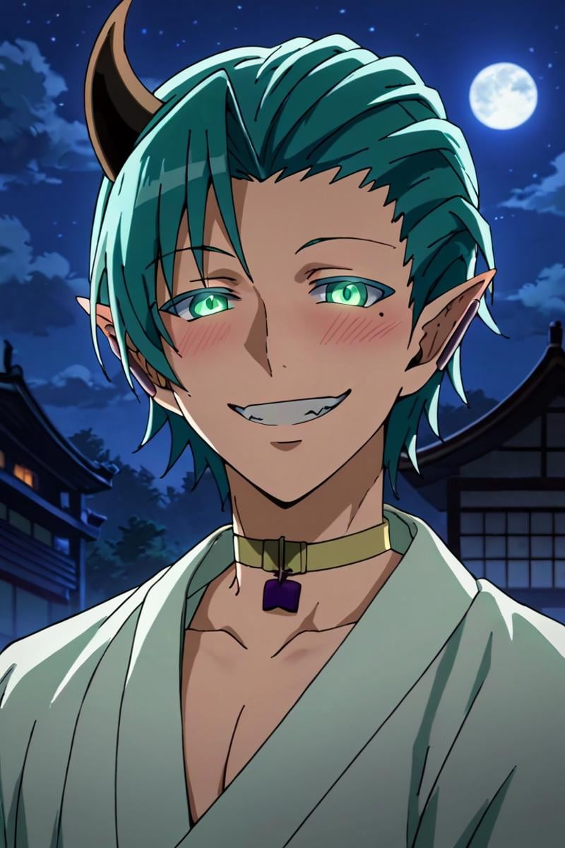 score_9,score_8_up,score_7_up,source_anime,1boy, solo,looking at viewer, Amy Kirio,aqua hair,mole,mole under eye,pointy ears, horns, pointy ears,green eyes, upper body, smile, white japanese clothes, choker, night, dark, evil, grin,glow eyes, blush, evil smile, horror<lora:EMS-400038-EMS:1.000000>
