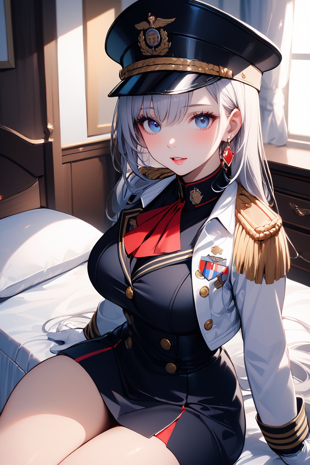 1girl, solo, long hair, breasts, looking at viewer, blush, bangs, blue eyes, skirt, large breasts, shirt, gloves, long sleeves, hat, dress, jewelry, sitting, jacket, white hair, thighs, earrings, parted lips, open clothes, indoors, white gloves, uniform, black dress, open jacket, lips, pillow, military, bed, military uniform, bed sheet, on bed, white jacket, peaked cap, cropped jacket, epaulettes, military hat, underbust, bedroom, military jacket, drawer