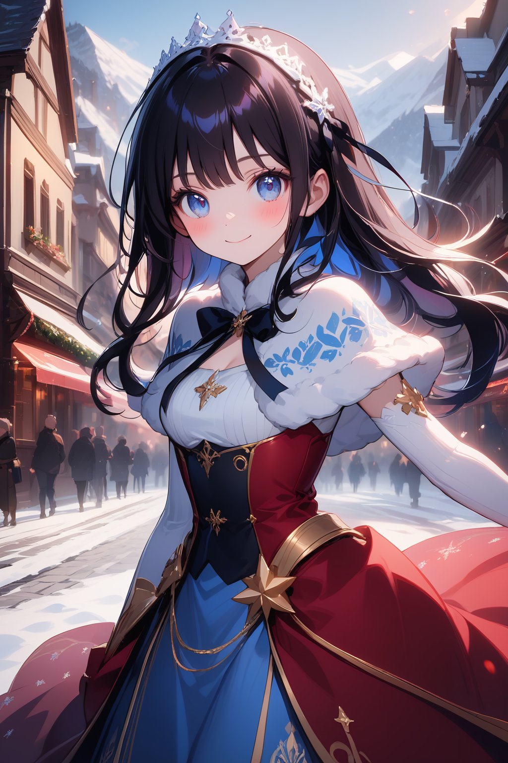 White Snow girl, looking at viewer, blush, smile, blue eyes, natural black hair, pale skin, detailed image, medium breasts, flat eyes, detailed skin, upper body, cleveage, cute girl, long hair, stunning image, black ribbon, long stockings with stripes, castel in background, model, beautiful face, detailed background, proportional, front view, detailed eyes, beautiful girl, closed mouth, princess dress, long dress, medium shot, narrow waist, dynamic pose, very beautiful pink headband, Details