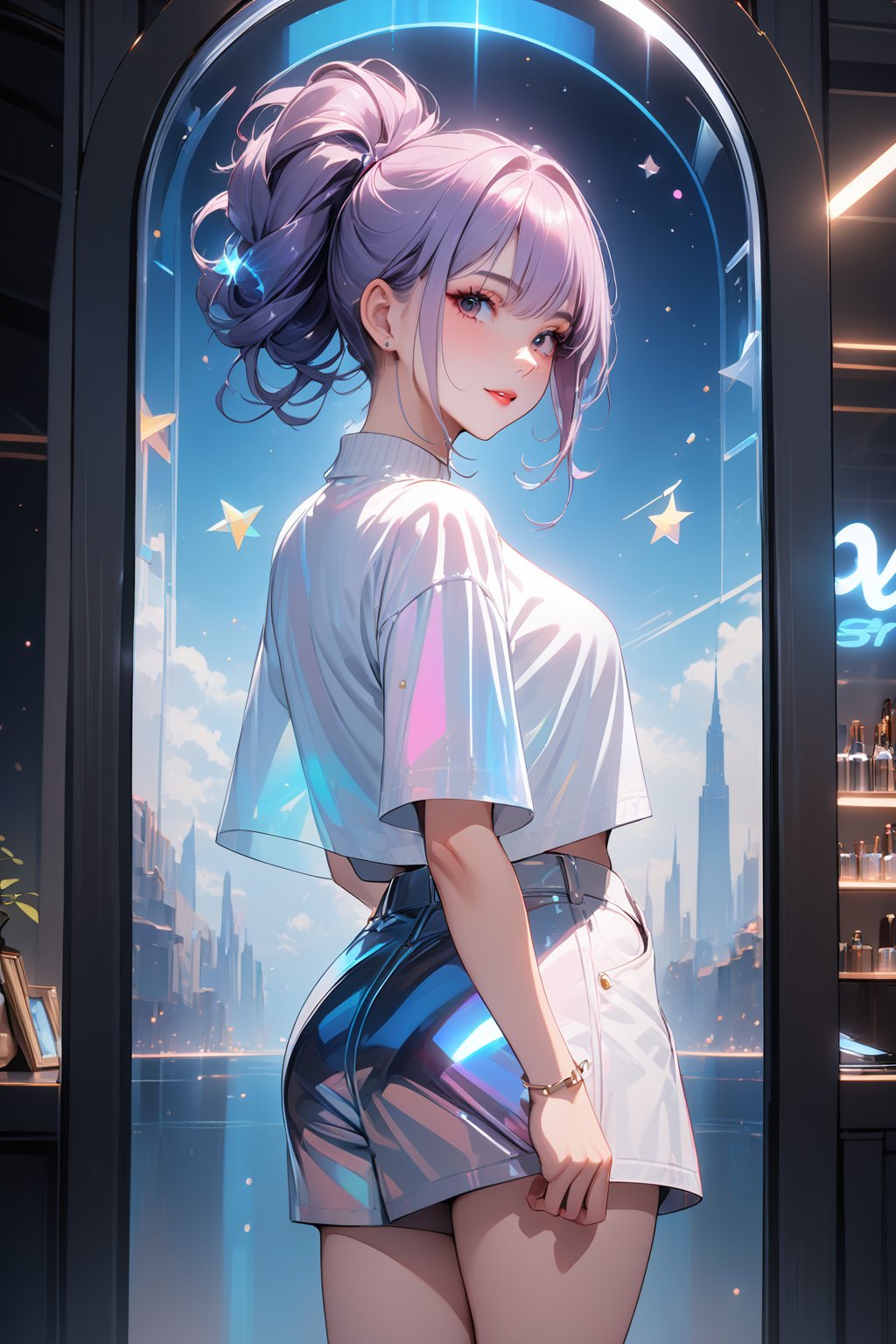 1girl, solo, holographic art, looking at viewer, holographic clothes, stars, casual, holographic casual outfit, standing, random hairstyle, light particles, ponytail hairstyle, holographic makeup, ((masterpiece quality: 2)),Details