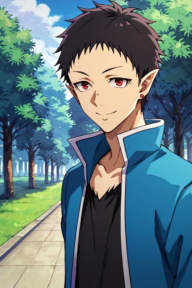 score_9,score_8_up,score_7_up,1boy,solo, looking at viewer, black shirt,outdoors,Andro M Jazz,Black Hair,Red Eyes,Pointy Ears,jewelry,earrings, close-up, black_background, school uniform,blue jacket, black shirt, smile<lora:EMS-400385-EMS:0.800000>