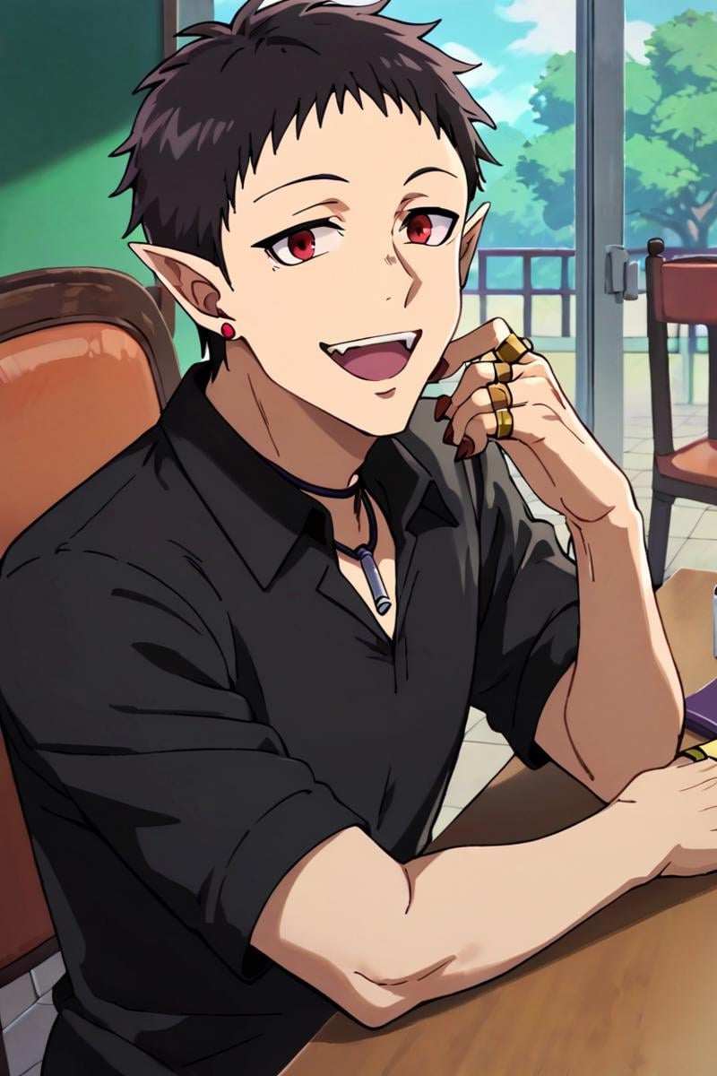 score_9,score_8_up,score_7_up,1boy,solo, looking at viewer,outdoors,Andro M Jazz,Black Hair,Red Eyes,Pointy Ears,jewelry,earrings, Ring,Red nail,Black collared shirt,necklace, open mouth, smile, Selfie, indoors, table, sitting, chair,head rest<lora:EMS-400385-EMS:0.800000>