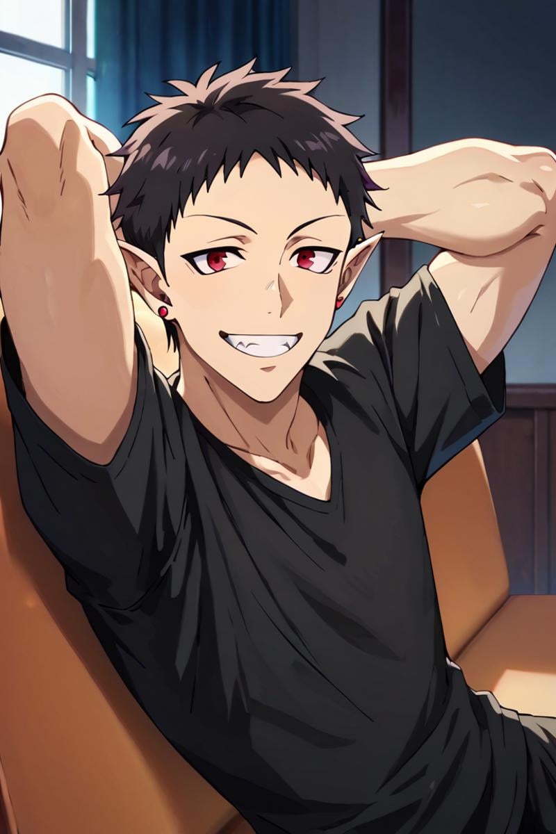 score_9,score_8_up,score_7_up,1boy,solo, looking at viewer,indoors,Andro M Jazz,Black Hair,Red Eyes,Pointy Ears,jewelry,earrings, Ring,Red nail, on side, smile, indoors, black shirt, lying, arms behind head, grin, pull up clothes<lora:EMS-400385-EMS:0.800000>