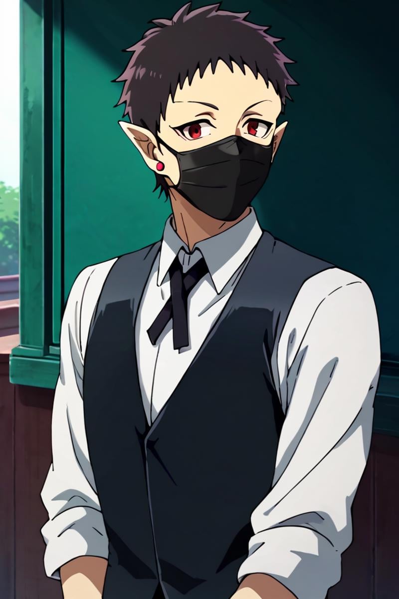 score_9,score_8_up,score_7_up,1boy,solo, looking at viewer,outdoors,Andro M Jazz,Black Hair,Red Eyes,Pointy Ears,jewelry,earrings, dress shirt,white shirt, black vest,necktie, mask, black mouth mask, mask covered mouth, indoors<lora:EMS-400385-EMS:1.000000>