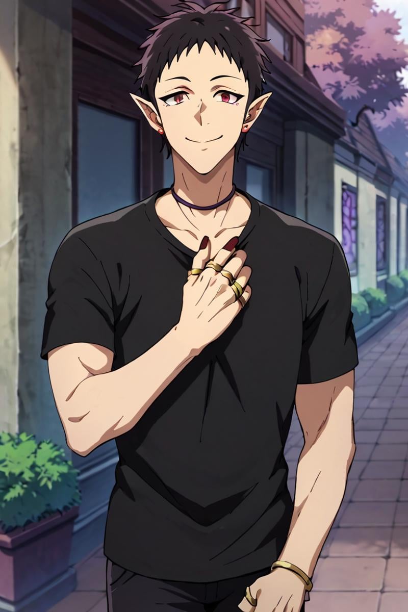 score_9,score_8_up,score_7_up,1boy,solo, looking at viewer, black shirt,outdoors,Andro M Jazz,Black Hair,Red Eyes,Pointy Ears,jewelry,earrings, Red nail,ring, smile, standing<lora:EMS-400385-EMS:0.800000>