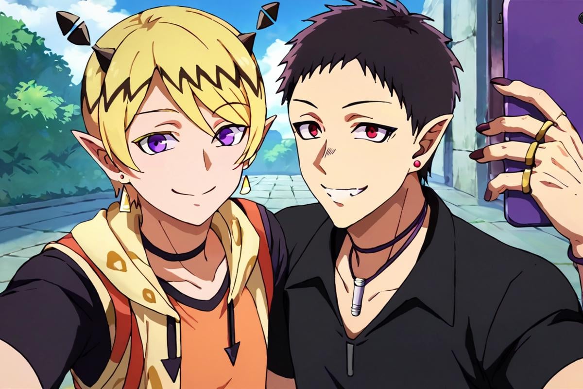 score_9,score_8_up,score_7_up,source_anime,2boys, Selfie, v,smile,outdoors,Andro M Jazz,Black Hair,Red Eyes,Pointy Ears,jewelry,earrings,SHAX LIED,BLONDE HAIR,EARRING,POINTY EARS, HORNS, smile, purple eyes<lora:EMS-400385-EMS:1.000000>