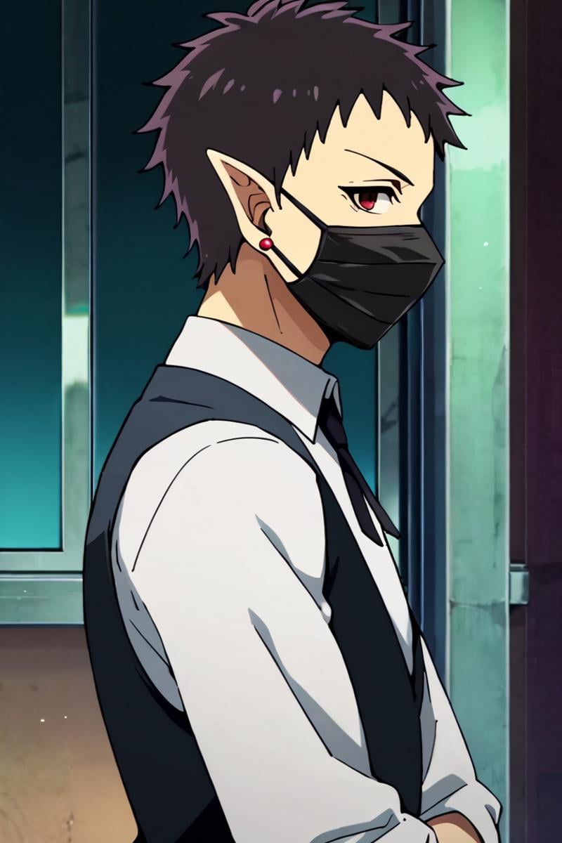 score_9,score_8_up,score_7_up,1boy,solo, looking at viewer,outdoors,Andro M Jazz,Black Hair,Red Eyes,Pointy Ears,jewelry,earrings, dress shirt,white shirt, black vest,necktie, mask, black mouth mask, mask covered mouth, indoors<lora:EMS-400385-EMS:1.000000>