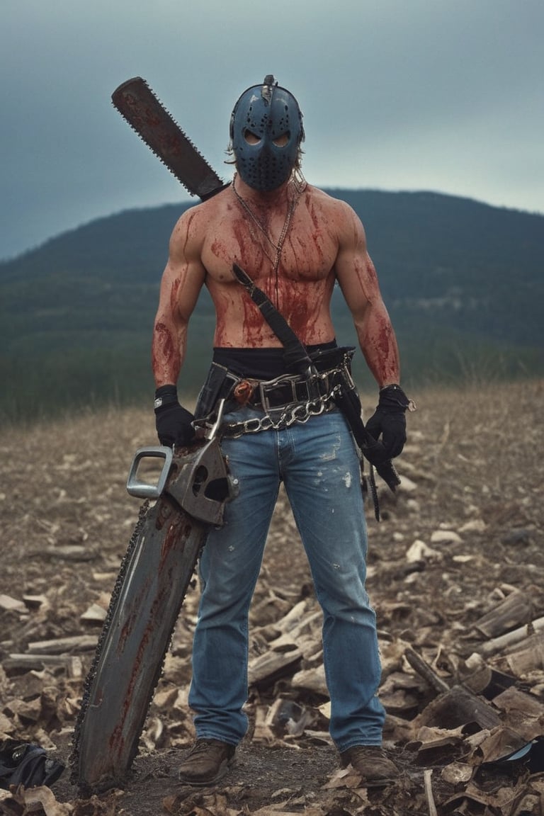 1boy, hockey mask, muscular chest, torn clothing, torn blue jeans, belt, crossed ammo belts, holding chainsaw, spooky, bloody, standing on mountain of skulls, outdoors, 