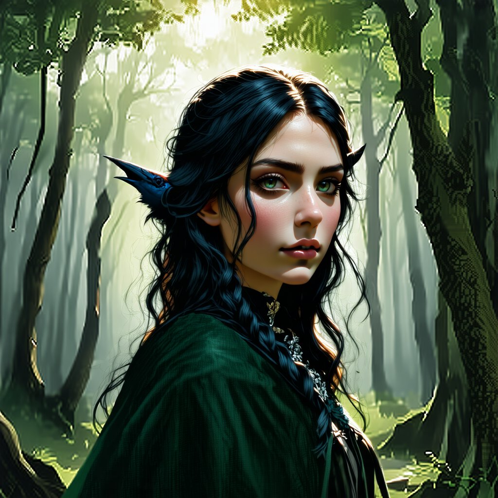 A whimsical portrait of a young elven maiden with piercing green eyes, her raven tresses cascading down her back like a dark waterfall. She stands amidst a misty forest glade, sunlight filtering through the canopy above to highlight the delicate curves of her features and the gentle rustle of her emerald cloak.