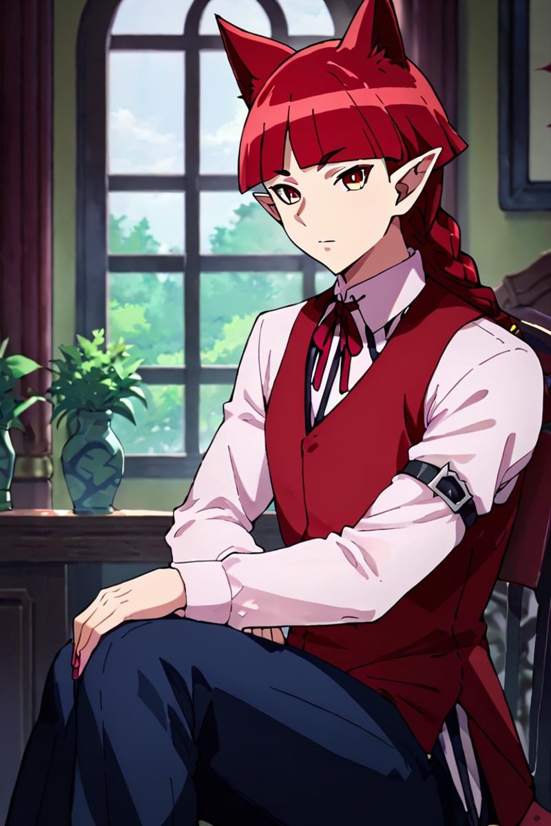 score_9,score_8_up,score_7_up,solo, looking at viewer,indoors,Opera,red hair,red eyes,animal ears,braid,pointy ears,Neck ribbon,red vest, sitting, Chair<lora:EMS-401073-EMS:1.000000>