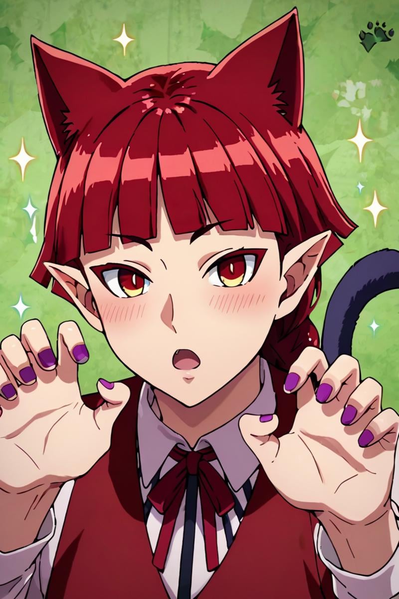 score_9,score_8_up,score_7_up,solo, looking at viewer,indoors,Opera,red hair,red eyes,animal ears,braid,pointy ears,Neck ribbon,red vest, tail,cat tail, upper body, cat pose, cat background, purple nail, blush, open mouth, sparkle<lora:EMS-401073-EMS:0.800000>