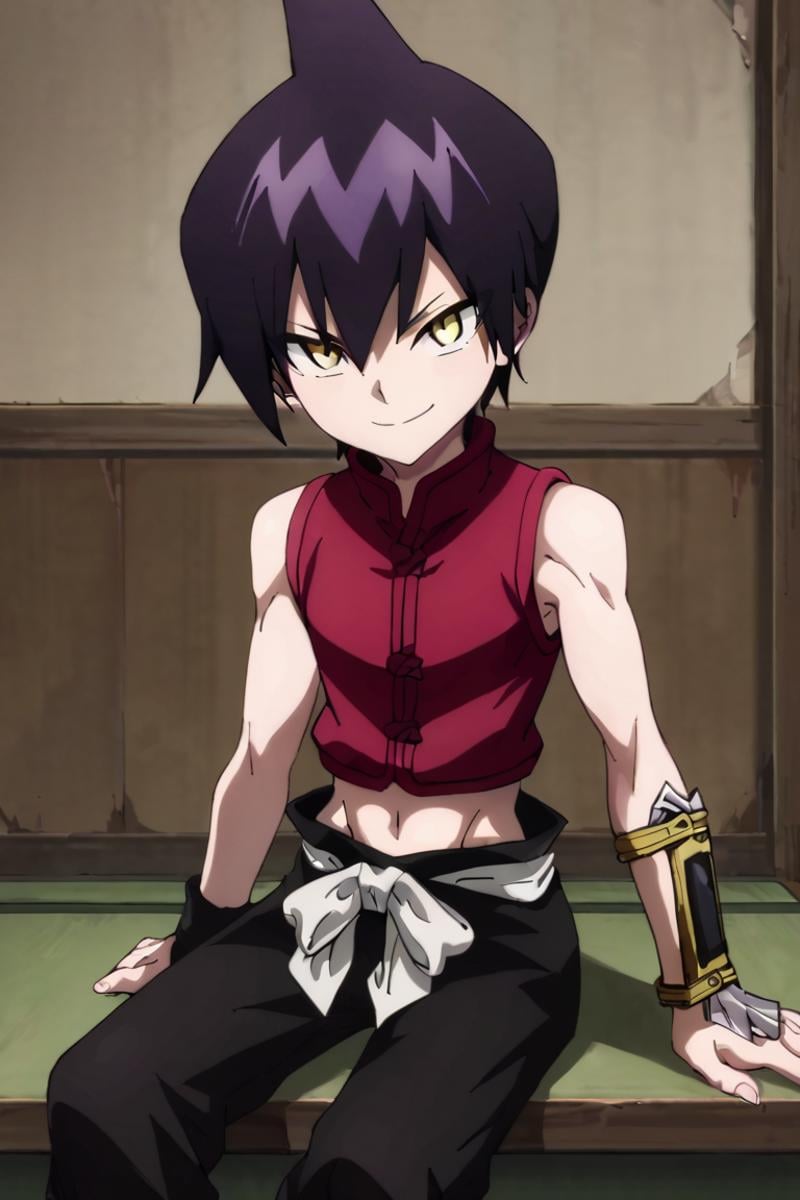 score_9,score_8_up,score_7_up,source_anime,1boy, solo,looking at viewer,Tao Ren,purple hair, yellow eyes, Red shirt, sleeveless,midriff, sitting, indoors, smile<lora:EMS-401123-EMS:1.000000>