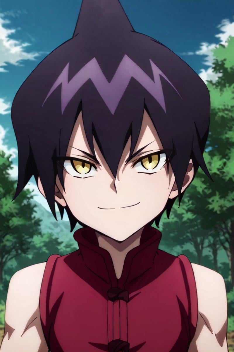 score_9,score_8_up,score_7_up,source_anime,1boy, solo,looking at viewer,Tao Ren,purple hair, yellow eyes, Red shirt, sleeveless,midriff, outdoors, smile, upper body<lora:EMS-401123-EMS:1.000000>