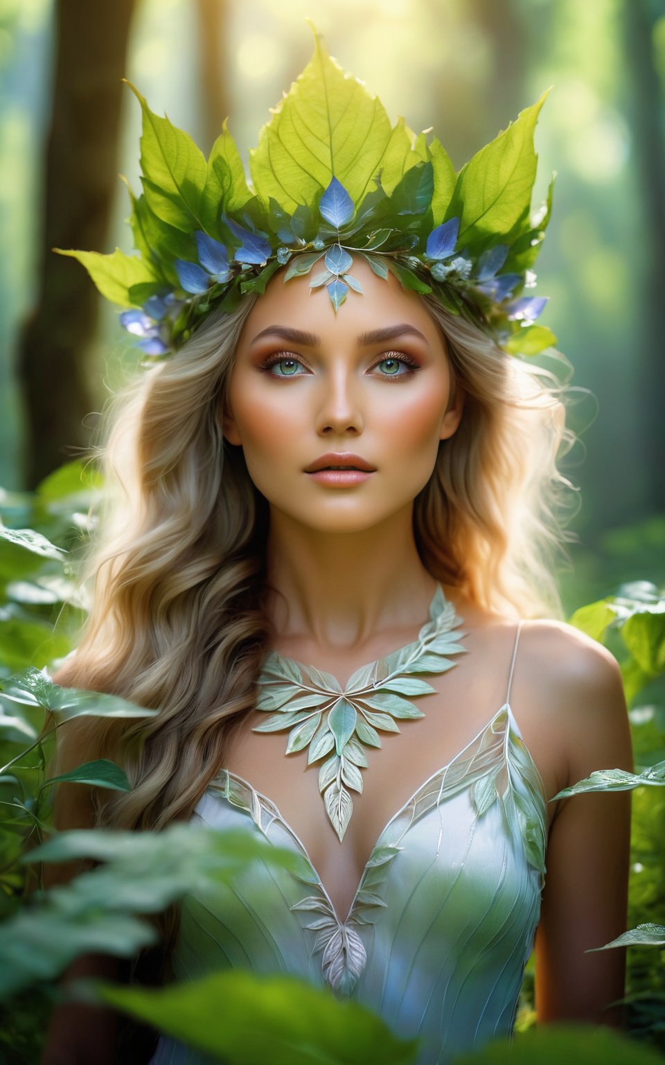 (best quality, 4k, 8k, highres, masterpiece:1.2), ultra-detailed, (realistic, photorealistic, photo-realistic:1.37), nature goddess, leaf body, portrait, greenery, wildflowers, breathtaking eyes, serene expression, graceful pose, ethereal beauty, luminous skin, flowing hair, elegant crown of leaves, soft natural light, vibrant colors, mythical essence, surreal atmosphere, dreamlike aura, harmonious connection with nature, enchanted forest.