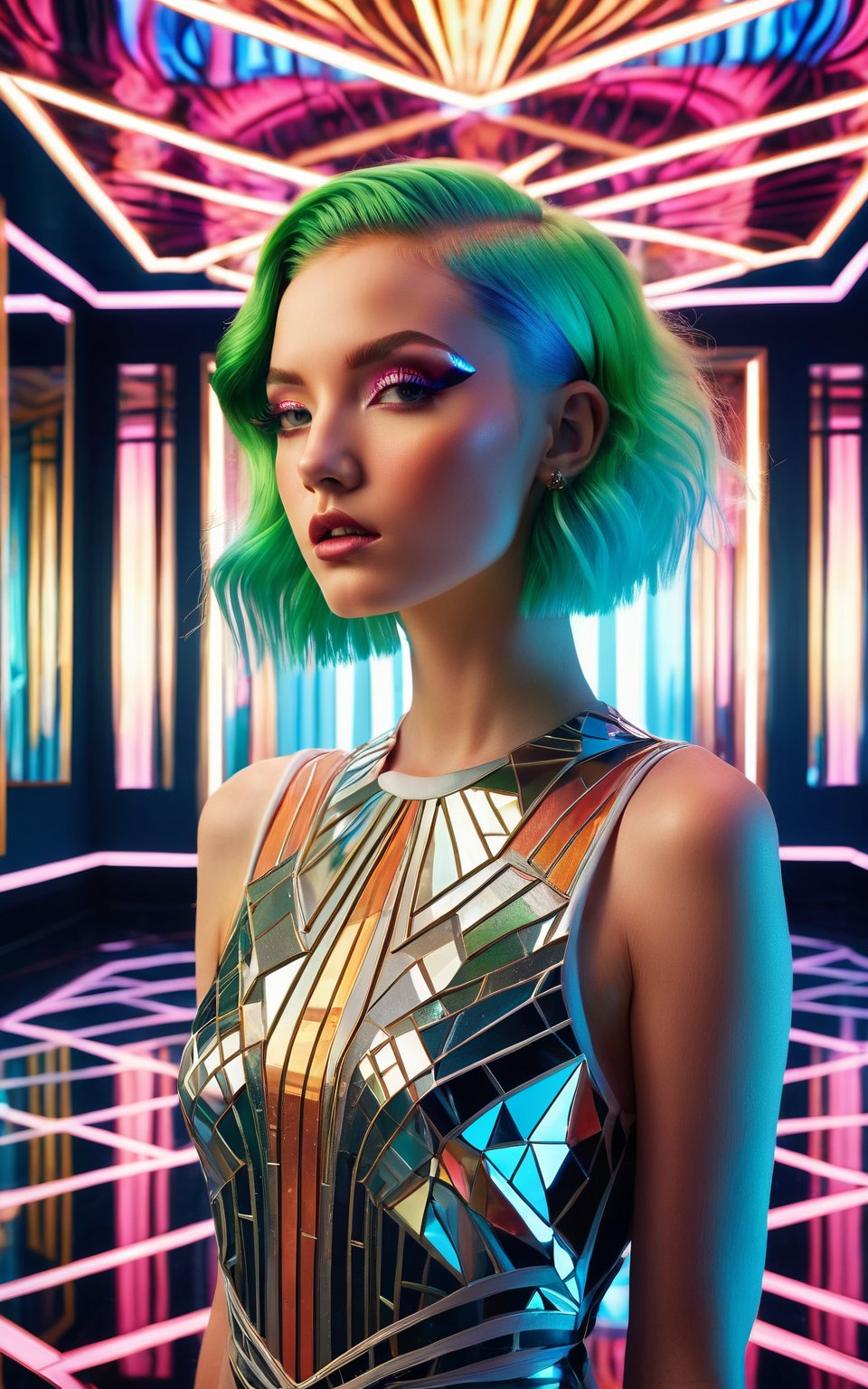(best quality, 4K, 8K, high-resolution, masterpiece), ultra-detailed, photorealistic, young woman, vibrant neon hair, geometric Art Deco patterns on face, surreal dream-like setting, mirror-like floors, mirror-like walls, reflections, posing, intricate facial designs, modern fashion, ethereal lighting, digital art