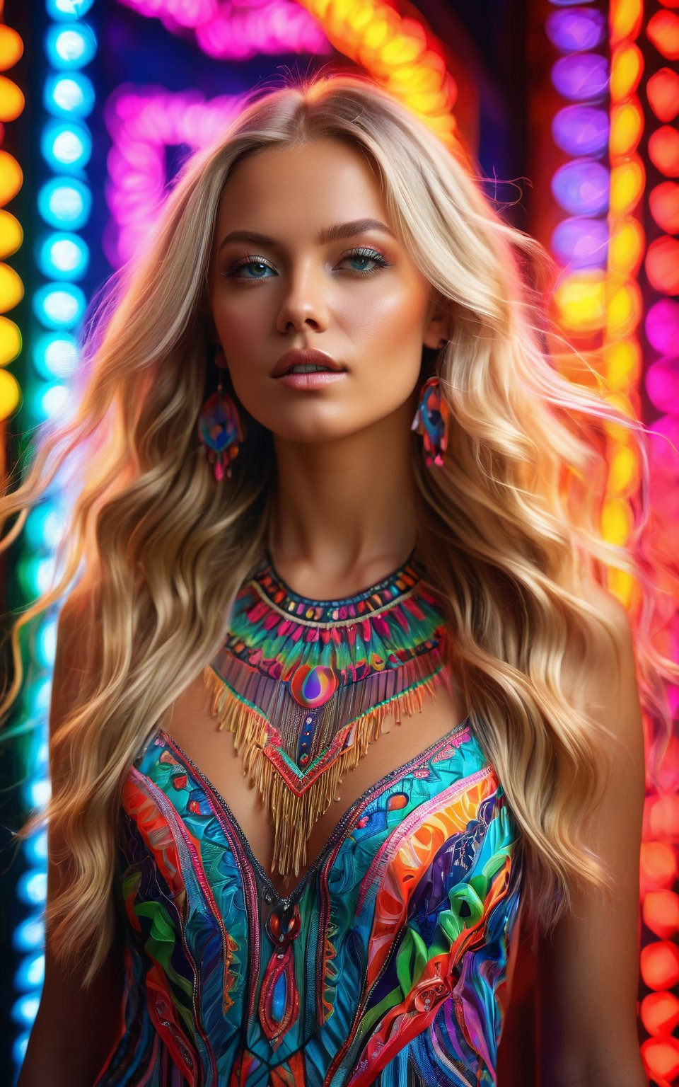 (best quality, 4K, 8K, high-resolution, masterpiece), ultra-detailed, realistic, photorealistic, portrait of a beautiful woman, long blonde hair with intricate patterns, tan skin, standing in front of colorful neon lights, psychedelic patterns, flowing hair, dress with detailed embroidery on the chest, light stripes, vibrant colors, intricate details, expressive eyes, high detail, high resolution, dynamic composition, modern style, ethereal atmosphere, soft lighting.