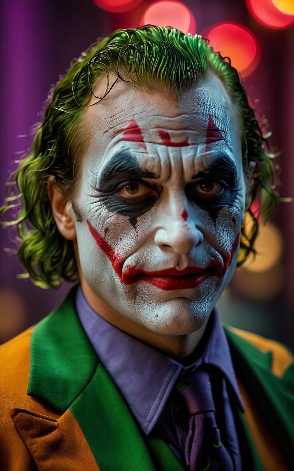 (best quality,highres,masterpiece:1.2),ultra-detailed,(portrait,joker,man,creepy look,detailed eyes,shallow depth of field,vignette,highly detailed,high budget Hollywood film,portraits,sharp focus,physically-based rendering,professional,vivid colors,bokeh,studio lighting,creepy color tones,subtle shadows