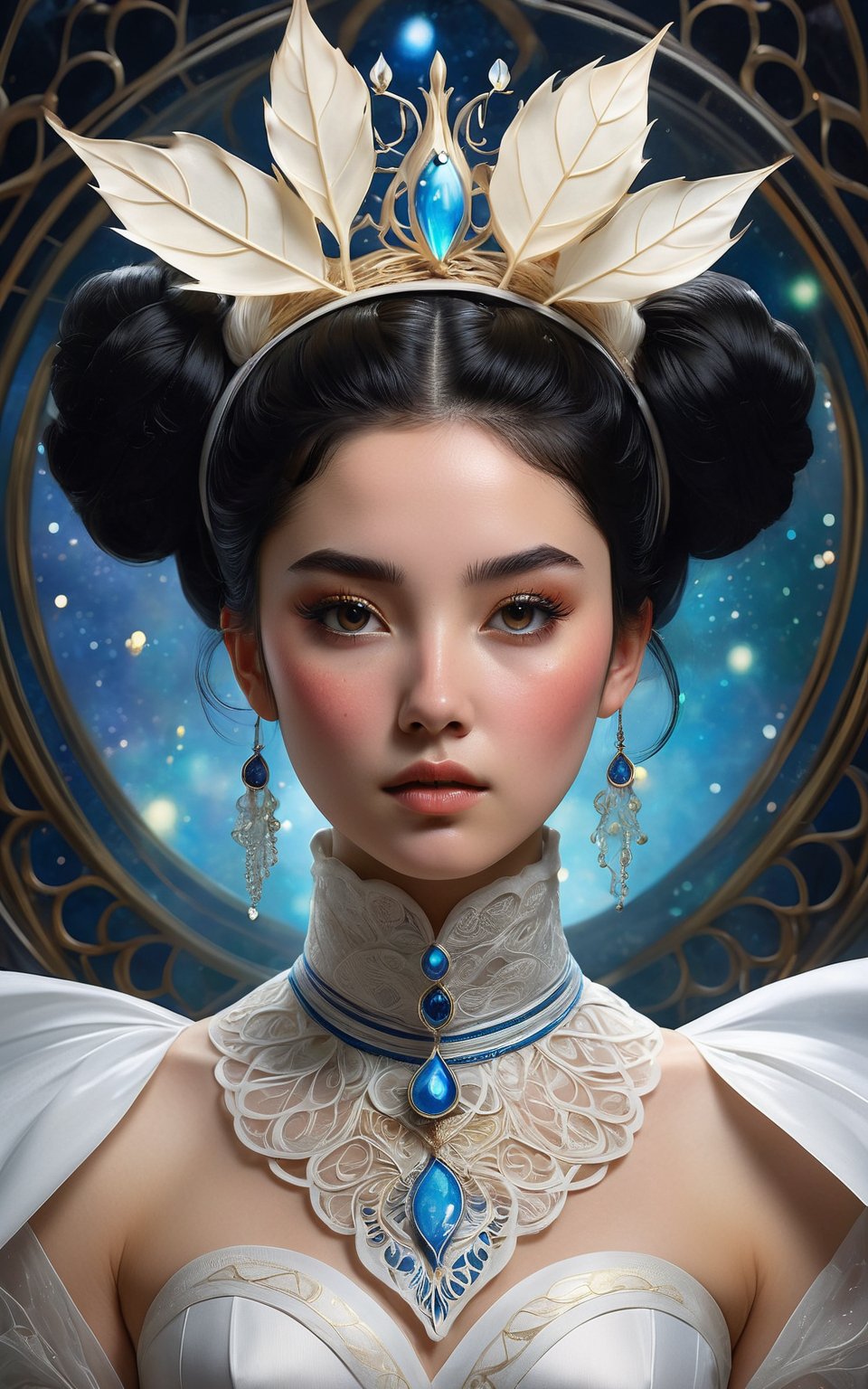 (best quality,8K,highres,masterpiece), ultra-detailed portrait showcasing a surreal harmony with a super closeup of an elegant royal female maid. The portrait features a high collar adorned with intricate details, complemented by a flamboyant luminous scarf that exudes an ethereal glow. The maid's body form resembles that of ergo Proxy, adding an otherworldly element to the composition. Her messy black hair is styled into a bun, adorned with freckles that add a touch of whimsy to her appearance. Despite her weak luminosity, her blushed questioning look from beneath captures the viewer's attention. She wears a knitted hairband and knitted wooly stockings, adding texture and warmth to her ensemble. Surrounding her is a wind leaf vortex, consisting of translucent, levitating luminous leaves that evoke an art nouveau style. This artwork is a mesmerizing blend of fantasy and elegance, inviting viewers to explore its intricate details and whimsical charm.