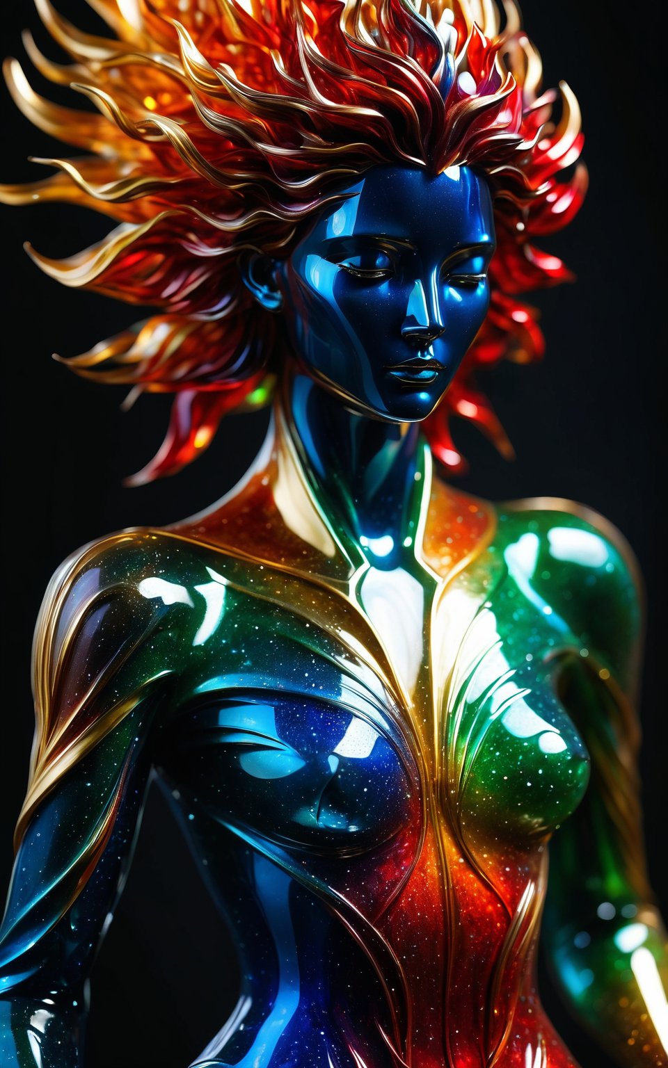 (ultra detailed, 8K, highly detailed, masterpiece, intricate, beautiful), (surreal, fantasy, sculpture, abstract), a stunning sculpture of a humanoid figure made of crystalline material. The figure has a mesmerizing blend of colors, including gold, red, green, and blue. The sculpture's hair flows dynamically with sharp, geometric shapes, creating a sense of motion. The background is dark, highlighting the brilliant colors and reflective surfaces of the sculpture, giving it an ethereal, otherworldly appearance.