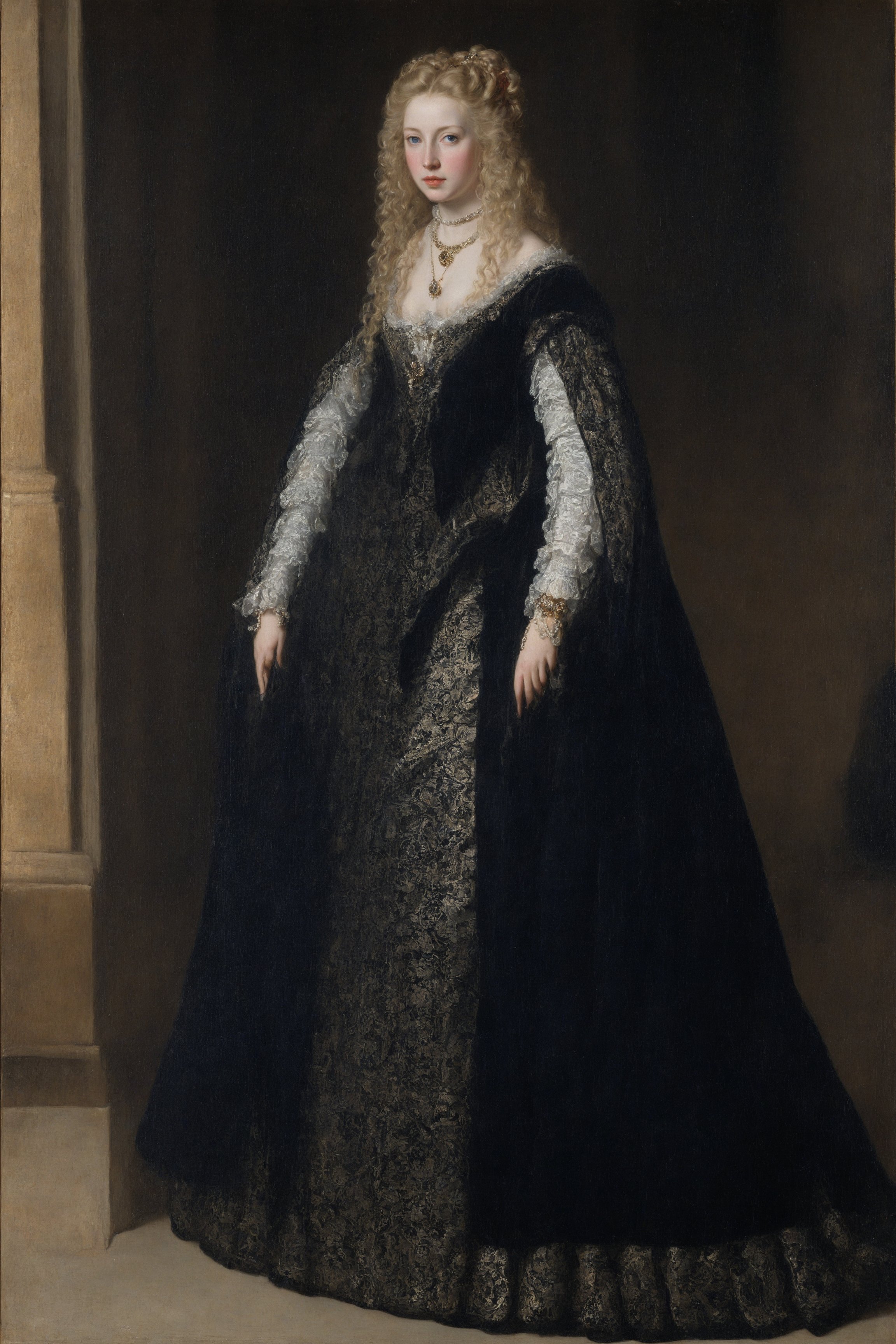 A 17th-century beauty, resplendent in fine attire, stands poised before a rich, dark backdrop. Her piercing blue eyes sparkle under golden locks as she meets the viewer's gaze. Delicate lace at her neckline is grasped by slender fingers, adorned with intricate jewelry. Soft, golden light caresses her porcelain skin, with subtle shadows accentuating facial curves. Ornate drapery frames her against a somber background, exuding luxury and sophistication. Velazquez's masterful brushstrokes bring to life this baroque oil on canvas portrait, bathed in chiaroscuro's dramatic glow.