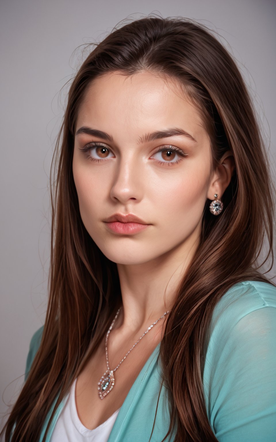 score_9,score_8_up,score_7_up,photorealistic, photography, 1girl,long hair,looking at viewer,simple background,brown hair,shirt,brown eyes,jewelry,aqua_earrings,grey background,necklace,lips,portrait,forehead,realistic