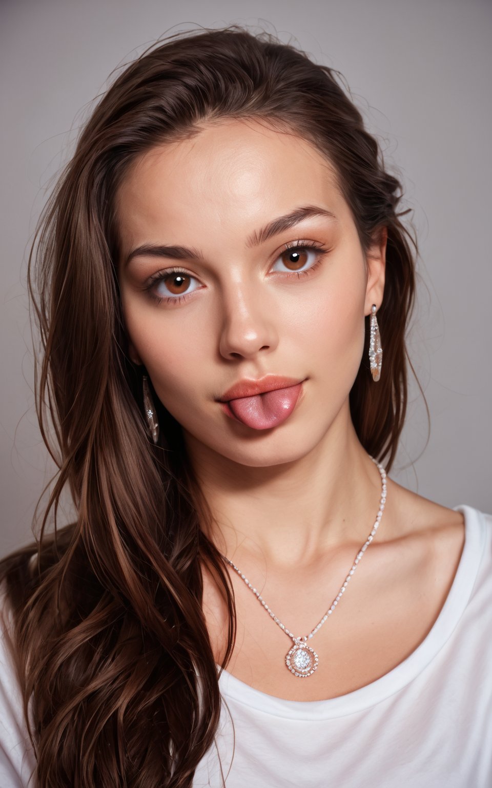 score_9,score_8_up,score_7_up,photorealistic, photography, 1girl,long hair,looking at viewer,simple background,brown hair,shirt,brown eyes,jewelry,earrings,tongue,tongue out,grey background,necklace,lips,portrait,forehead,realistic