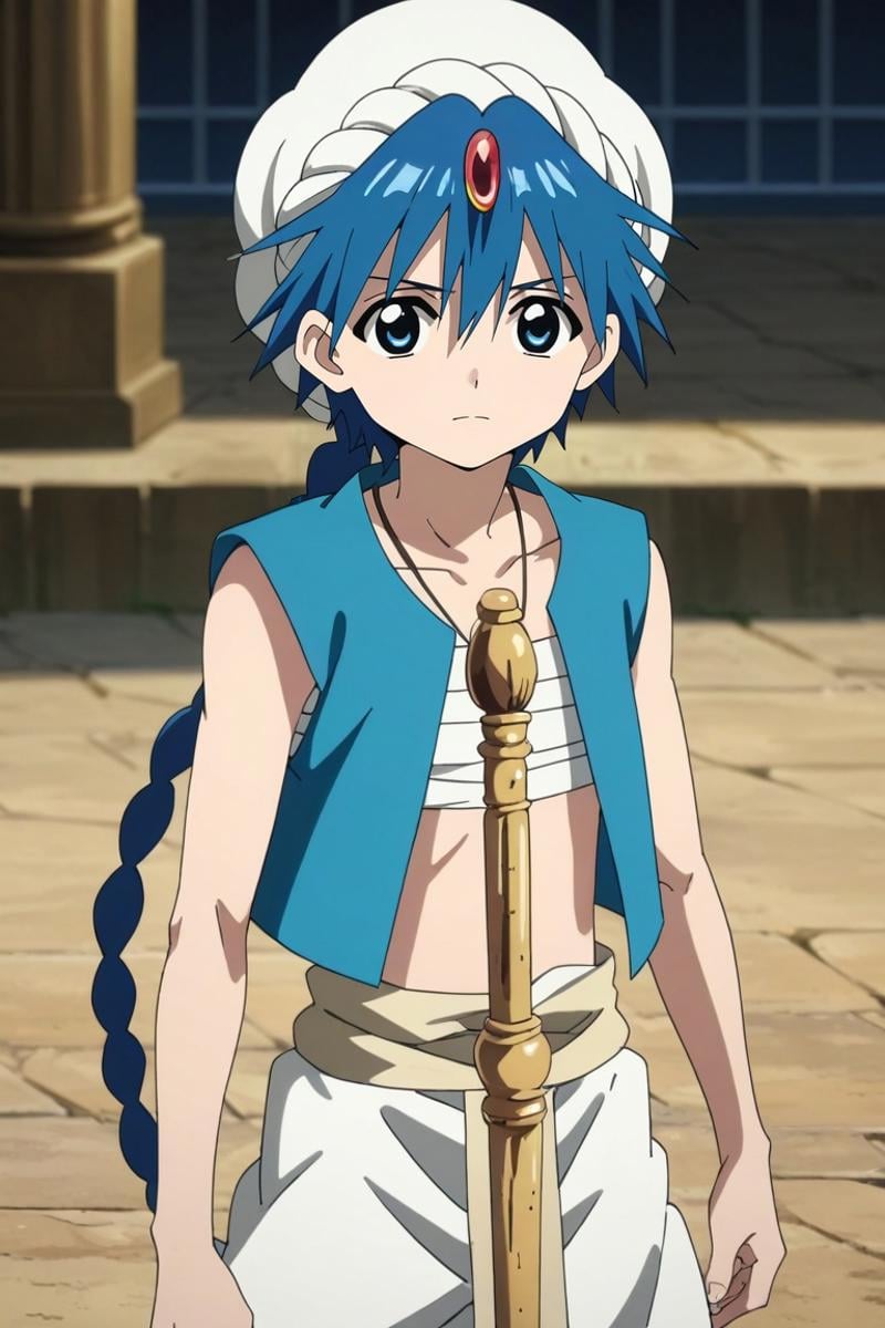 score_9, score_8_up, score_7_up, source_anime, rating_safe, intricate details, anime screencap, anime coloring, official style, looking at viewer, depth of field, 1boy, solo, male focus, <lora:aladdin_magi_pony:0.88>, aladdin_magi, blue hair, blue eyes, long hair, braid, single braid, turban, jewelry, vest, , staff, , shorts,, <lora:sdxl_lightning_8step_lora:1>