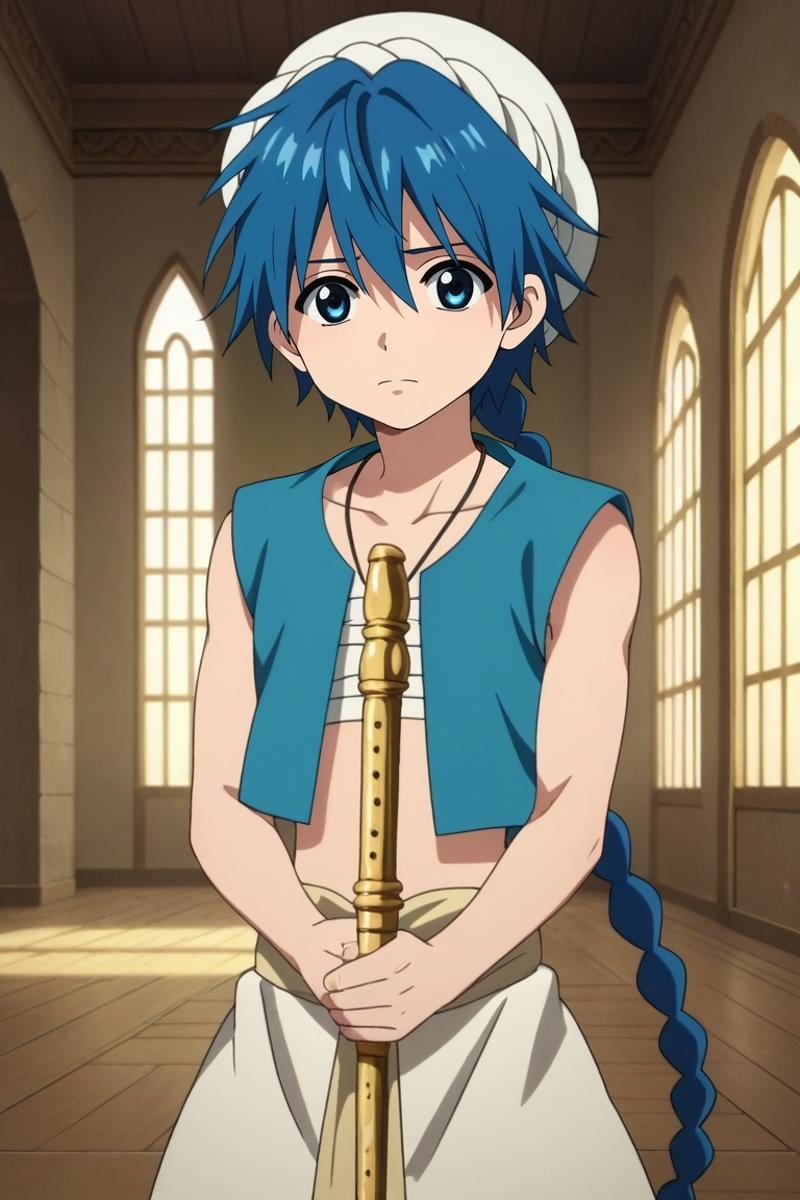 score_9, score_8_up, score_7_up, source_anime, rating_safe, , anime screencap, , official style, looking at viewer, , 1boy, solo, male focus, <lora:aladdin_magi_pony:0.76>, aladdin_magi, blue hair, blue eyes, long hair, braid, single braid, turban, jewelry, vest, flute, instrument, staff, straight-on, dining room, day, sunny, v arms, sad, , <lora:sdxl_lightning_8step_lora:1>