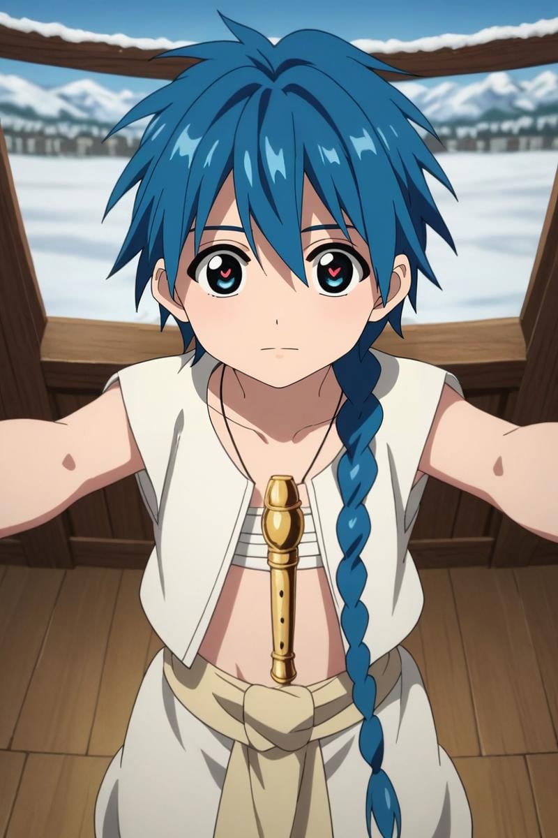 score_9, score_8_up, score_7_up, source_anime, rating_safe, , anime screencap, anime coloring, , , depth of field, 1boy, solo, male focus, <lora:aladdin_magi_pony:0.96>, aladdin_magi, blue hair, blue eyes, long hair, braid, single braid, , , from above, snowy mountain, indoors, outstretched arms, heart eyes, , <lora:sdxl_lightning_8step_lora:1>