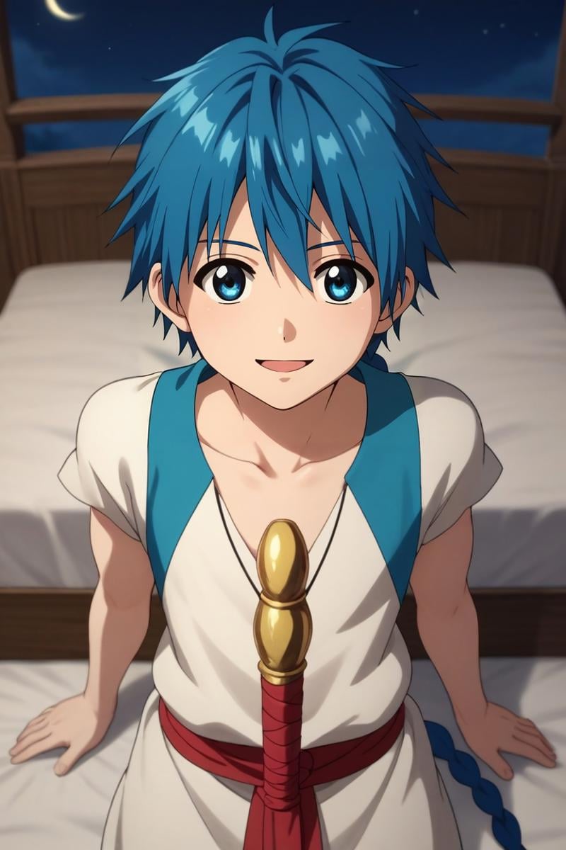 score_9, score_8_up, score_7_up, source_anime, rating_safe, intricate details, (3d:0.4), looking at viewer, depth of field, 1boy, solo, male focus, <lora:aladdin_magi_pony:0.8>, aladdin_magi, blue hair, blue eyes, long hair, braid, single braid, , , from above, bedroom, bed, nightstand, night, crescent moon, holding weapon, laughing, windcheater,, <lora:sdxl_lightning_8step_lora:1>
