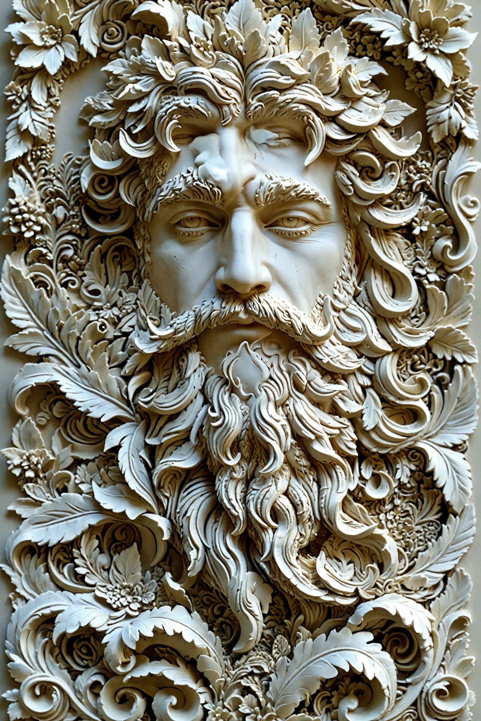 An intricate and detailed sculpture of a male face, surrounded by an array of ornate patterns and designs. The face is adorned with flowing hair, meticulously crafted with leaves and feathers. The beard and facial hair are also intricately designed, blending seamlessly with the surrounding elements. The background is filled with a myriad of floral patterns, butterflies, and other nature-inspired motifs. The entire composition exudes a sense of serenity and connection with nature.