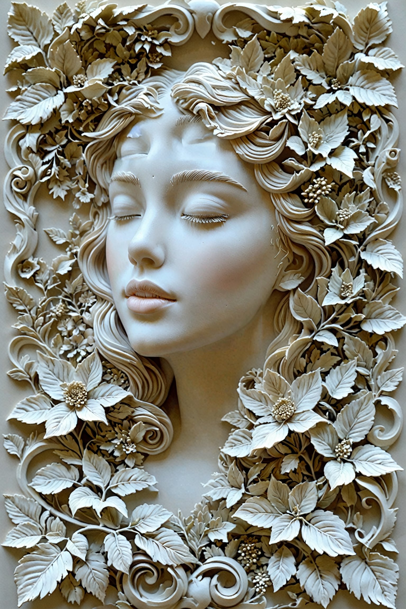 A detailed and intricate sculpture of a woman's face, surrounded by an elaborate arrangement of flowers, leaves, and other natural elements. The woman's face is serene, with her eyes closed and lips slightly parted. Her hair flows seamlessly into the surrounding flora, blending with the elements. Birds can be seen flying around her, and at the bottom, there's a miniature landscape with houses, trees, and a body of water. The entire composition is in a monochromatic palette, predominantly in shades of white, giving it a dreamy and ethereal feel.