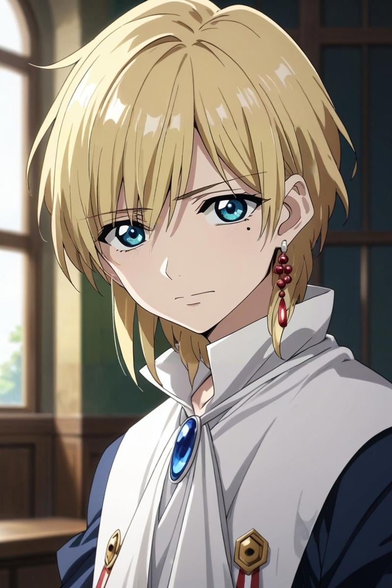 score_9, score_8_up, score_7_up, source_anime, rating_safe, intricate details, semi-realistic, looking at viewer, depth of field, 1boy, solo, male focus, <lora:titus_alexius_pony:0.98>, titus_alexius, blonde hair, blue eyes, short hair, braid, mole, mole under eye, jewelry, earrings, , straight-on, full body, skytree, indoors, light, hand on hip, wavy mouth, closed mouth, , <lora:sdxl_lightning_8step_lora:1>