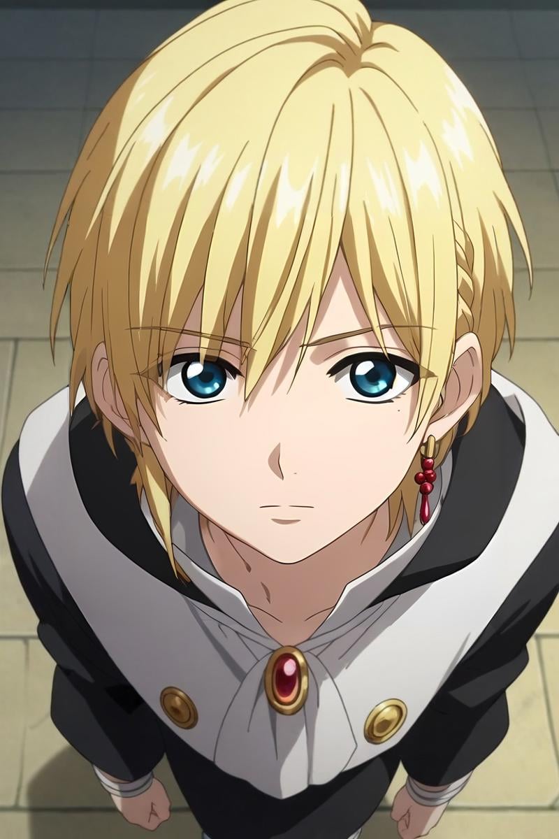 score_9, score_8_up, score_7_up, source_anime, rating_safe, , anime screencap, anime coloring, official style, looking at viewer, , 1boy, solo, male focus, <lora:titus_alexius_pony:0.78>, titus_alexius, blonde hair, blue eyes, short hair, braid, , jewelry, earrings, , from above, full body, mont saint michel, light, villain pose, :\3, , <lora:sdxl_lightning_8step_lora:1>
