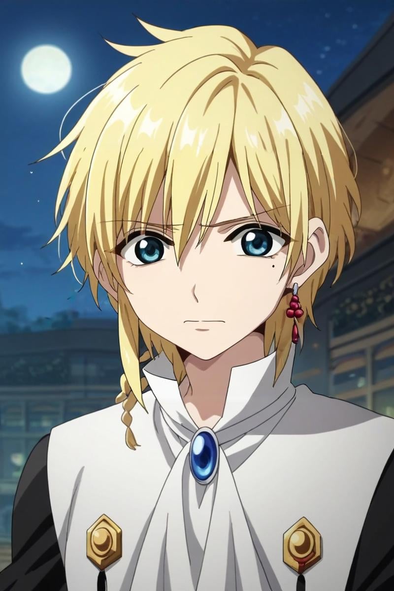 score_9, score_8_up, score_7_up, source_anime, rating_safe, intricate details, anime screencap, anime coloring, official style, , depth of field, 1boy, solo, male focus, <lora:titus_alexius_pony:1>, titus_alexius, blonde hair, blue eyes, short hair, braid, mole, mole under eye, jewelry, earrings, , focused, las vegas, casino, night, full moon, the pose, wavy mouth, closed mouth, , <lora:sdxl_lightning_8step_lora:1>