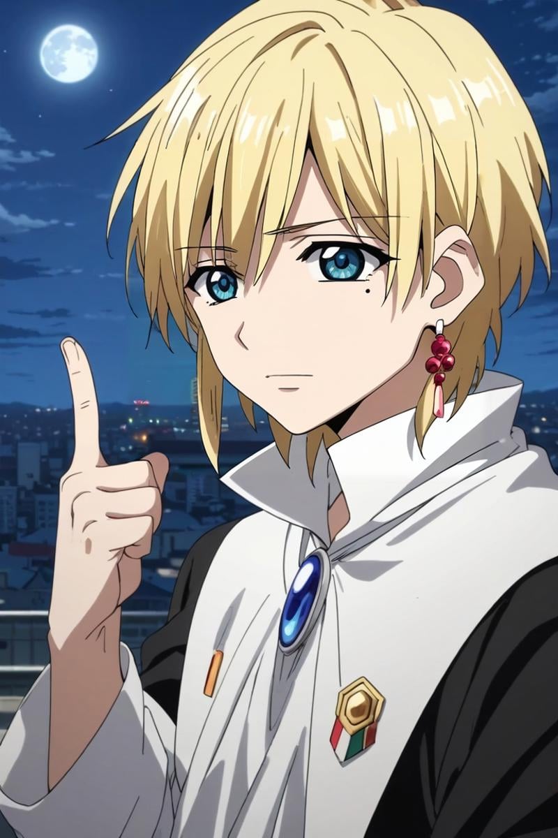 score_9, score_8_up, score_7_up, source_anime, rating_safe, intricate details, anime screencap, , official style, , , 1boy, solo, male focus, <lora:titus_alexius_pony:0.98>, titus_alexius, blonde hair, blue eyes, short hair, braid, , jewelry, earrings, , panorama, rooftop, tokyo \(city\), building, skyscraper, night, full moon, index finger raised, heart eyes, , <lora:sdxl_lightning_8step_lora:1>