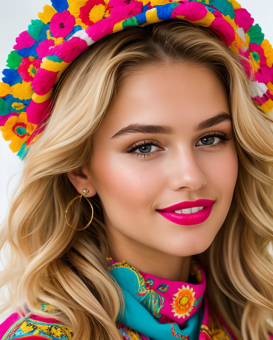 (Best quality, 8k, 32k, Masterpiece, UHD:1.2), A young blonde swedish woman wearing a colorful hair bandana and traditional Mexican dress. wearing colorful fruits as ornaments,  She has a serious expression on her face. The background is a light pink. eyes contact, focus, depth of field, film grain, ray tracing, ((contrast lipstick)), detailed natural real skin texture, perfect curly dark blonde hair, visible skin pores, anatomically correct,(PnMakeEnh)
