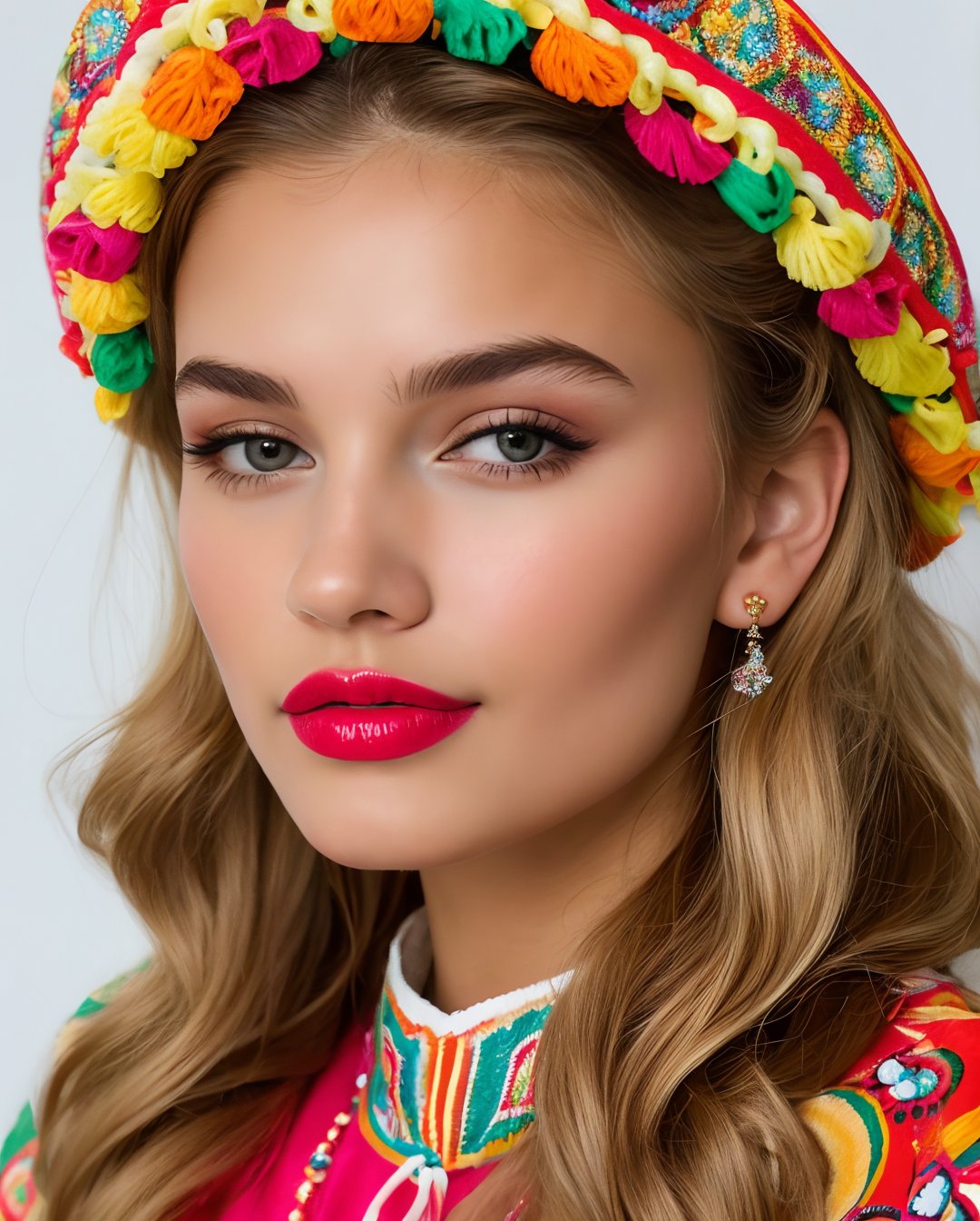 (Best quality, 8k, 32k, Masterpiece, UHD:1.2), A young blonde swedish woman wearing a colorful hair bandana and traditional Mexican dress. wearing colorful fruits as ornaments,  She has a serious expression on her face. The background is a light pink. eyes contact, focus, depth of field, film grain, ray tracing, ((contrast lipstick)), detailed natural real skin texture, perfect curly dark blonde hair, visible skin pores, anatomically correct,(PnMakeEnh)
