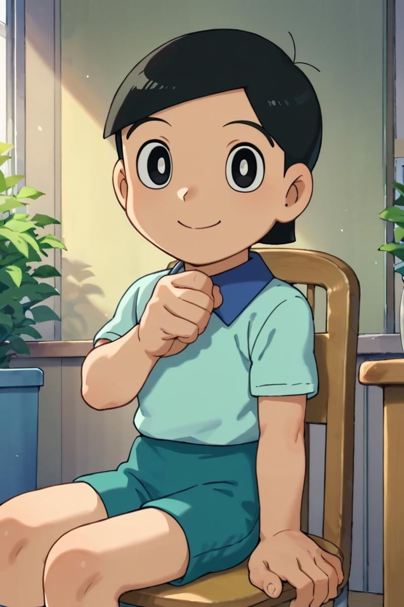 score_9,score_8_up,score_7_up,source_anime,1boy, solo,looking at viewer, Hidetoshi Dekisugi,black hair,black eyes, smile, Blue shirt,short shirt, smile, indoors, sitting, chairs<lora:EMS-402860-EMS:1.000000>