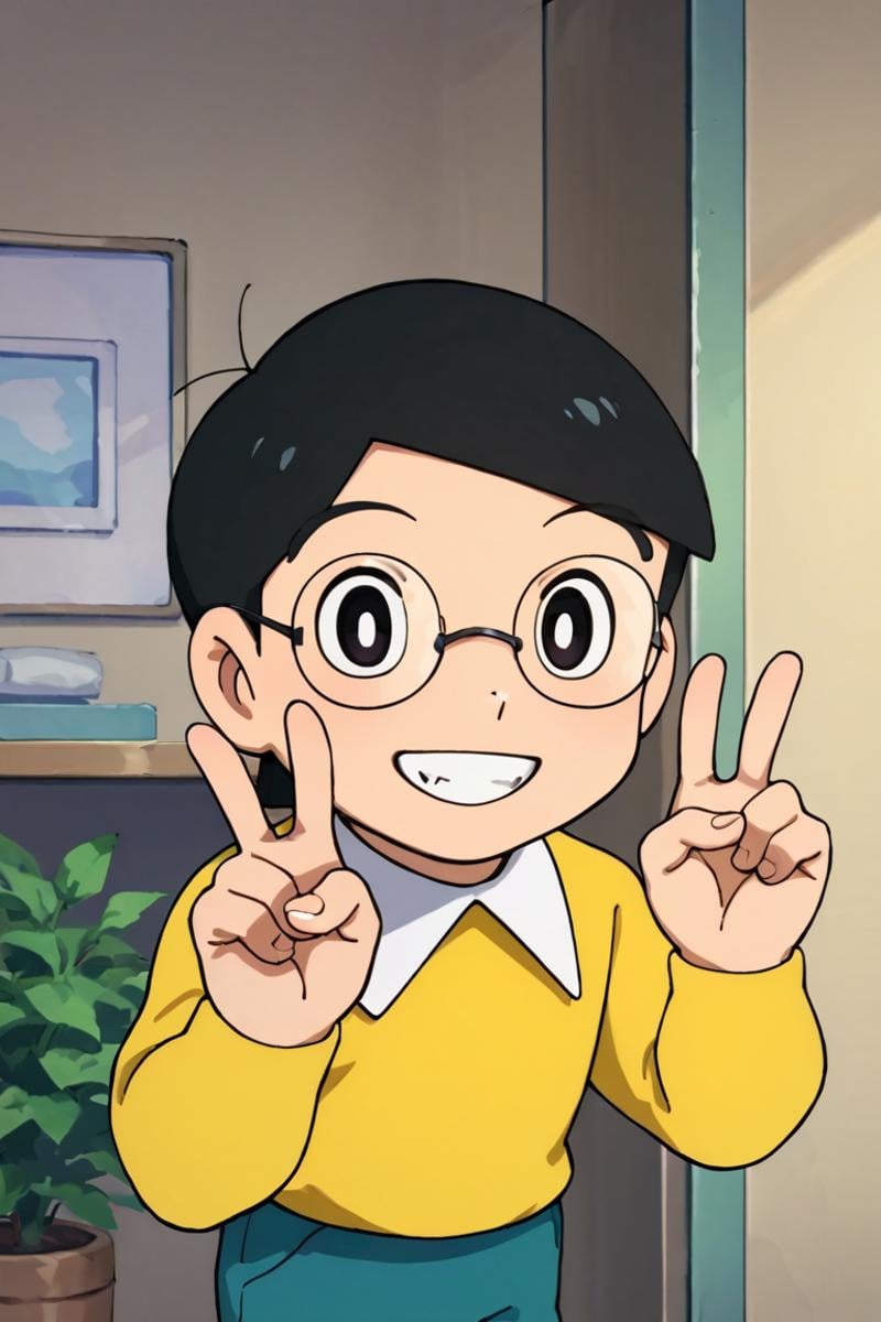 score_9,score_8_up,score_7_up,source_anime,1boy, solo,looking at viewer, Hidetoshi Dekisugi,black hair,black eyes, smile, yellow shirt,smile, indoors, round frame glasses, blue shorts, v, grin<lora:EMS-402860-EMS:1.000000>