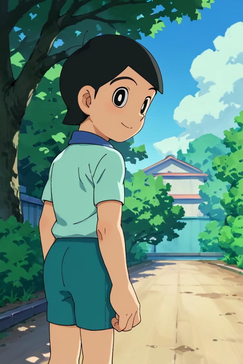 score_9,score_8_up,score_7_up,source_anime,1boy, solo,looking at viewer, Hidetoshi Dekisugi,black hair,black eyes, smile, Blue shirt,short shirt, outdoors, looking back<lora:EMS-402860-EMS:1.000000>