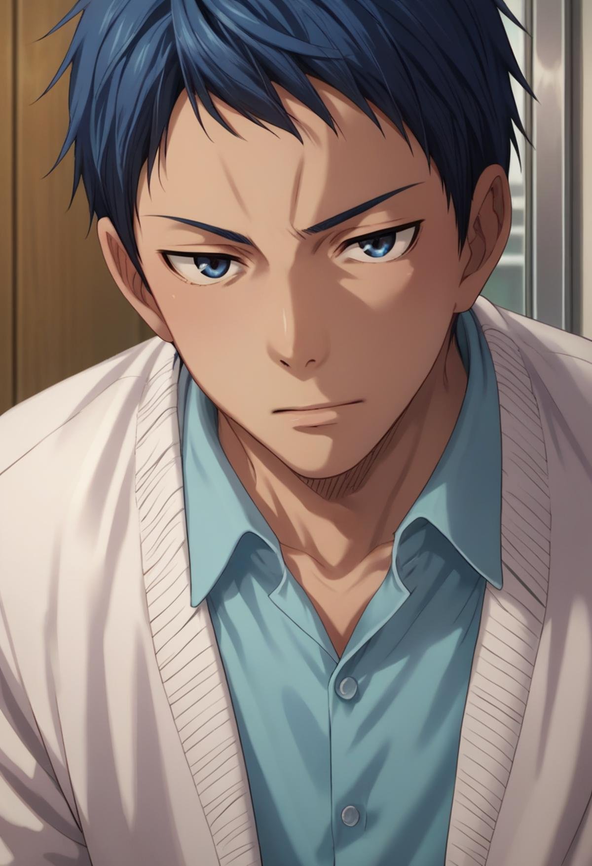 score_9, score_8_up, score_7_up, score_6_up, detailed, ,source_anime, male focus, daiki aomine, blue hair, blue eyes, white jacket, blue shirt, collared shirt, source_<lora:EMS-403139-EMS:1.000000>