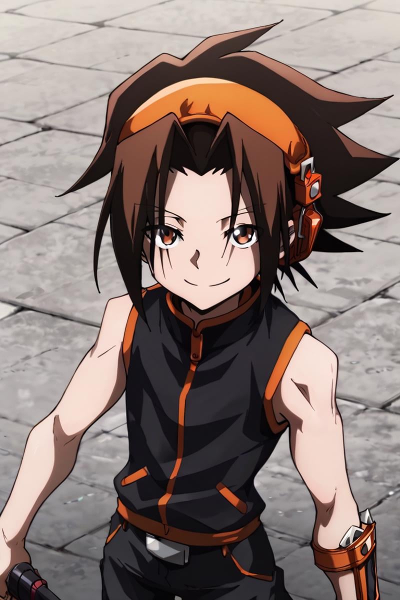 score_9,score_8_up,score_7_up,source_anime,1boy,solo,looking at viewer, Asakura Yoh,brown hair, borwn eyes,spiked hair,headphonese, Black shirt,sleeveless, black pants, smile<lora:EMS-403319-EMS:1.000000>