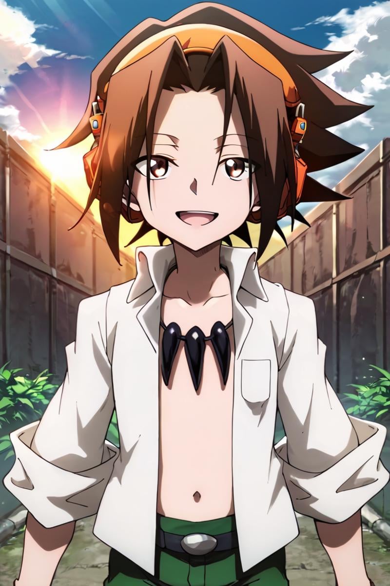 score_9,score_8_up,score_7_up,source_anime,1boy, solo,looking at viewer, Asakura Yoh,brown hair, borwn eyes,spiked hair,headphonese, White shirt, open shirt,green pants, jewelry,necklace, outdoors, sun, light rays, upper body, open mouth, smile<lora:EMS-403319-EMS:1.000000>