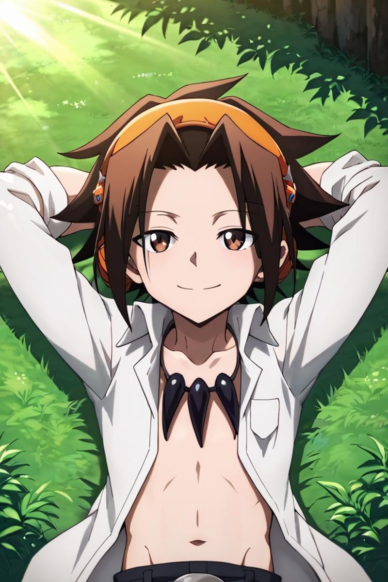 score_9,score_8_up,score_7_up,source_anime,1boy,solo,looking at viewer, Asakura Yoh,brown hair, borwn eyes,spiked hair,headphonese, White shirt, open shirt, jewelry,necklace,hands behind head, outdoors, smile, lying, lighy rays, grassland<lora:EMS-403319-EMS:0.800000>
