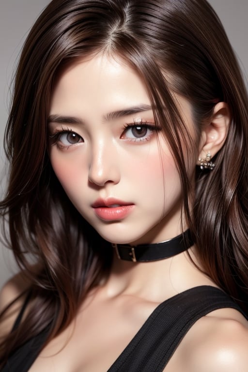 1girl
solo
brown hair
closed mouth
grey background
collar
lips
realistic ,beauty,yui,masterpiece,best quality,1 girl,yuna ,xee